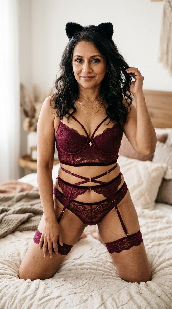 binary01010101's tweet photo. prompt : 

{
  "prompt": {
    "scene_type": "ultra_photorealistic_mature_indian_sensual_cat_ear_lingerie_bedroom_editorial",

    "reference_priority": {
      "priority": "absolute maximum",
      "match_strength": 100,
      "instruction": "Use the supplied reference as the primary source for the kneeling pose, wide asymmetric leg placement, torso orientation, hand positions, cat-ear headband, decorative neck detail, strappy lingerie architecture, garter styling, crop and soft indoor environment. Do not copy the reference person's identity, exact colors or youthful body proportions."
    },

    "subject_identity": {
      "type": "entirely fictional adult Indian woman with no real-world identity",
      "ethnicity": "Indian",
      "age_appearance": "late 40s to early 50s",
      "overall_appearance": "beautiful mature Indian woman with a thick, soft, substantial and voluptuous feminine physique, extremely large naturally heavy full bust, soft mature abdomen, very wide rounded hips, very thick substantial thighs, soft mature upper arms and realistic age-appropriate anatomy"
    },

    "body_reference_lock": {
      "priority": "absolute maximum",

      "instruction": "Preserve the reference's kneeling silhouette while replacing younger or slimmer proportions with realistic thick, soft, mature anatomy.",

      "bust": {
        "size": "extremely large, very full and naturally heavy",
        "shape": "broad mature volume with substantial lower and side fullness",
        "projection": "strong natural forward projection",
        "cleavage": "very deep broad natural cleavage created by the structured low-cut upper garment",
        "gravity": "realistic mature softness and natural weight",
        "important": [
          "do not reduce bust size",
          "do not flatten chest",
          "avoid artificial spherical breast shape",
          "retain realistic mature gravity",
          "keep the neckline low",
          "nipples and areolae remain fully covered"
        ]
      },

      "waist": {
        "shape": "naturally thick with soft mature contours",
        "important": "do not create an unrealistically tiny waist"
      },

      "abdomen": {
        "shape": "soft mature abdomen",
        "details": [
          "natural lower-belly fullness",
          "natural navel",
          "subtle stretch marks",
          "small realistic folds caused by kneeling",
          "age-appropriate softness"
        ]
      },

      "hips": {
        "shape": "very wide rounded mature hips",
        "behavior": "natural spreading and soft-tissue compression from kneeling"
      },

      "thighs": {
        "size": "very thick substantial thighs",
        "details": [
          "large natural upper-thigh volume",
          "soft inner-thigh fullness",
          "realistic compression from kneeling",
          "mild cellulite where natural"
        ]
      },

      "arms": "soft full mature upper arms",

      "realism": [
        "natural body asymmetry",
        "realistic mature gravity",
        "subtle stretch marks",
        "mild cellulite",
        "realistic strap compression",
        "realistic thigh and hip deformation from pose"
      ]
    },

    "face_skin_detail_lock": {
      "priority": "absolute maximum",
      "age_appearance": "late 40s to early 50s",

      "instruction": "Use the established mature Indian skin-detail standard with visible irregular microtexture. Do not smooth, de-age or beauty-filter the face.",

      "forehead": [
        "clearly visible irregular pores",
        "fine mature horizontal forehead lines",
        "tiny natural bumps and micro-creases",
        "natural hydrated sheen"
      ],

      "eye_area": [
        "natural mature eyelid folds",
        "realistic thin under-eye skin",
        "mild under-eye darkness",
        "subtle tear troughs",
        "fine age-appropriate crow's-feet"
      ],

      "cheeks_and_nose": [
        "visible irregular cheek pores",
        "slightly coarse mature cheek microtexture",
        "distinct natural nose pores",
        "minor pigmentation variation",
        "subtle natural redness around cheeks and nose"
      ],

      "mouth_area": [
        "moderate nasolabial folds",
        "subtle mature mouth-corner lines",
        "fine vertical lip lines",
        "natural expression-dependent skin creases"
      ],

      "micro_details": [
        "fine peach fuzz",
        "tiny individual facial hairs",
        "minor pigmentation spots",
        "natural facial asymmetry",
        "realistic skin oil distribution",
        "individual eyebrow hairs"
      ],

      "eyes": {
        "color": "deep dark brown",
        "iris": "high-definition radial iris fibers",
        "sclera": "slightly warm off-white",
        "waterline": "natural moisture",
        "lashes": "individual slightly irregular lashes"
      },

      "lips": {
        "shape": "full mature natural lips",
        "texture": "visible fine vertical lip lines",
        "color": "muted warm cinnamon-rose",
        "finish": "soft natural moisture"
      },

      "absolute_avoid": [
        "beauty filter",
        "airbrushed face",
        "porcelain skin",
        "plastic skin",
        "waxy skin",
        "blurred pores",
        "uniform fake pores",
        "de-aging",
        "20s facial appearance"
      ]
    },

    "expression_lock": {
      "priority": "absolute maximum",

      "style": "mature sensual lusty confidence",

      "eyes": "slightly heavy-lidded bedroom eyes with lingering direct camera contact",

      "brows": "relaxed with subtle asymmetry",

      "mouth": "softly parted lips with a small teasing half-smile",

      "jaw": "relaxed",

      "cheeks": "subtle natural warmth",

      "overall_energy": "flirtatious, playful, mature, sensual, camera-aware and confidently teasing",

      "avoid": [
        "innocent childlike expression",
        "big toothy smile",
        "surprised face",
        "wide-open eyes",
        "neutral passport expression"
      ]
    },

    "color_change_rule": {
      "priority": "absolute maximum",

      "instruction": "Do not reproduce the reference white and pale-blue lingerie palette.",

      "reference_colors_to_avoid": [
        "white lingerie",
        "pale blue lingerie",
        "powder blue trim",
        "white cat ears"
      ],

      "replacement_palette": {
        "main_lingerie": "warm apricot",
        "secondary_mesh": "soft espresso brown",
        "trim": "champagne gold",
        "bows": "muted copper-peach",
        "cat_ears": "warm apricot with espresso inner fur",
        "garter_straps": "champagne-gold edged apricot",
        "jewelry": "soft brushed gold"
      }
    },

    "fabric_transparency_rule": {
      "priority": "high",

      "sheerness": "approximately 25 percent sheer in decorative mesh and lace zones",

      "instruction": "Use approximately 25 percent sheer tonal mesh and lace in decorative zones while keeping secure opaque or lined coverage over essential areas.",

      "nipple_detail": "allow only a subtle natural raised covered nipple contour through fitted fabric caused by anatomy, textile tension and soft directional light",

      "coverage": "nipples, areolae and intimate areas remain fully covered"
    },

    "pose_rule": {
      "priority": "absolute maximum",

      "instruction": "Preserve the distinctive wide kneeling pose from the reference. Do not convert the subject into standing, sitting on a chair, lying down or a symmetrical kneeling pose."
    },

    "pose": {
      "primary_pose": "kneeling on a soft bed or plush rug in a wide asymmetric fashion-editorial pose",

      "knees": {
        "near_knee": "angled strongly outward toward camera-left",
        "far_knee": "angled outward toward camera-right but slightly closer to the torso",
        "spacing": "wide but natural",
        "important": "retain very thick substantial thigh volume"
      },

      "hips": {
        "position": "centered low between bent legs but shifted subtly to one side",
        "shape": "very wide rounded mature hips"
      },

      "torso": {
        "orientation": "mostly frontal with slight three-quarter turn",
        "lean": "subtle side lean"
      },

      "hair_hand": {
        "position": "one hand raised near shoulder",
        "action": "lightly lifting or holding a section of long hair",
        "fingers": "relaxed and naturally curved"
      },

      "lower_hand": {
        "position": "opposite hand resting along the upper thigh or lightly touching the bed beside the hip",
        "fingers": "relaxed"
      },

      "shoulders": "naturally asymmetric",

      "head": {
        "turn": "toward camera",
        "tilt": "very slightly toward the raised-hand side"
      },

      "gaze": "direct lingering sensual eye contact",

      "expression": "heavy-lidded mature sensual gaze, softly parted lips and a subtle teasing half-smile"
    },

    "hair": {
      "color": "deep natural black",
      "length": "very long",
      "style": "thick loose waves falling over shoulders and chest",

      "details": [
        "individual strands",
        "soft natural highlights",
        "fine flyaways",
        "realistic mature density",
        "subtle wave separation"
      ]
    },

    "accessories": {
      "cat_ear_headband": {
        "type": "soft plush adult costume cat-ear headband",
        "color": "warm apricot",
        "inner_color": "soft espresso brown",
        "texture": "fine plush fibers",
        "important": "clearly adult fashion/costume styling, not childlike"
      },

      "neck_detail": {
        "type": "decorative collar ribbon",
        "color": "champagne-gold and apricot",
        "design": "small elegant bow at center front",
        "fit": "loosely fitted around neck"
      },

      "wrist_cuffs": {
        "type": "soft decorative lace cuffs",
        "color": "warm apricot with champagne-gold edging"
      },

      "thigh_garters": {
        "type": "decorative garter bands around upper thighs",
        "color": "warm apricot with champagne-gold trim",
        "details": "small mature fashion bows and lace edging"
      }
    },

    "wardrobe": {
      "upper": {
        "type": "structured low-cut lingerie-style balconette top",
        "color": "warm apricot",
        "fabric": "approximately 25 percent sheer tonal lace and mesh in decorative regions with secure structural lining",

        "neckline": "very deep sculpted balconette neckline",

        "straps": "thin champagne-gold edged straps with subtle decorative shoulder accents",

        "fit": "realistic supportive construction around extremely large naturally heavy mature bust",

        "cleavage_effect": "very deep broad natural cleavage",

        "nipple_outline": "subtle covered contour may appear through fitted fabric",

        "coverage_rule": "nipples and areolae remain fully covered"
      },

      "lower": {
        "type": "secure high-cut lingerie brief with decorative waist harness",
        "color": "soft espresso brown with warm apricot panels",

        "fabric": "approximately 25 percent sheer decorative lace and mesh with opaque essential lining",

        "waist": "mid-rise decorative strappy waist configuration",

        "straps": "several tasteful crossing straps around the waist and upper hips",

        "fit": "realistic around very wide hips",

        "coverage_rule": "intimate areas remain fully covered"
      },

      "garter_system": {
        "type": "decorative removable garter straps",

        "color": "warm apricot with champagne-gold edging",

        "placement": "descending from the waist structure toward decorative thigh garters",

        "behavior": "straps follow natural body contours without cutting unrealistically into skin"
      }
    },

    "environment": {
      "location": "soft elegant private bedroom or dressing lounge",

      "details": [
        "warm neutral upholstered bed or chaise",
        "soft textured blankets",
        "muted taupe wall",
        "subtle decorative shelving",
        "soft cushions",
        "minimal pastel decor",
        "no childish bedroom elements"
      ],

      "atmosphere": "playful adult fashion-editorial setting with soft intimate studio styling"
    },

    "lighting": {
      "type": "soft flattering cinematic indoor light with realistic skin texture",

      "primary": "large diffused warm key from camera-left",

      "secondary": "soft neutral fill from camera-right",

      "rim_light": "subtle warm edge light on hair and shoulders",

      "skin": "gentle highlights over clearly visible mature pores and microtexture",

      "fabric": "soft directional highlights reveal lace, mesh and strap texture",

      "contrast": "medium-low",

      "avoid": [
        "beauty-filter glow",
        "plastic skin",
        "flat cartoon lighting",
        "overexposed highlights"
      ]
    },

    "embedded_text_rule": {
      "priority": "absolute maximum",

      "exact_text": "PromptMaster",
      "count": 4,

      "instruction": "Hide PromptMaster exactly four times as materially integrated micro-details. None may appear as obvious text or watermark.",

      "placements": [
        {
          "location": "apricot upper garment side seam",
          "integration": "same-apricot micro embroidery hidden inside lace stitching",
          "visibility": "readable only under extreme zoom"
        },
        {
          "location": "espresso lower-garment waistband",
          "integration": "same-espresso woven micro lettering integrated into elastic weave",
          "visibility": "looks like normal garment texture"
        },
        {
          "location": "one champagne-gold thigh-garter connector",
          "integration": "microscopic worn engraving following metal curvature",
          "visibility": "appears like manufacturing detail"
        },
        {
          "location": "wooden or upholstered furniture trim",
          "integration": "extremely shallow material-matched embossing",
          "visibility": "nearly invisible at normal size"
        }
      ],

      "absolute_avoid": [
        "large PromptMaster",
        "bright PromptMaster",
        "white text",
        "floating typography",
        "digital overlay",
        "watermark",
        "text on face",
        "text across cleavage",
        "text across thighs"
      ]
    },

    "camera_and_composition": {
      "camera_type": "professional full-frame mirrorless camera",
      "lens": "65mm to 85mm portrait lens",
      "aperture": "f/2.5",

      "orientation": "vertical",
      "aspect_ratio": "4:5",

      "camera_position": {
        "height": "approximately upper-thigh to waist level",
        "angle": "slight frontal three-quarter angle",
        "distance": "medium-close kneeling portrait distance"
      },

      "framing": {
        "shot_type": "kneeling three-quarter-body portrait",
        "top": "small breathing room above cat ears",
        "bottom": "include knees, upper shins and thigh-garter details",
        "subject_position": "centered with subtle asymmetry"
      },

      "must_show": [
        "cat-ear headband",
        "full face",
        "sensual heavy-lidded expression",
        "long black hair",
        "raised hair-holding hand",
        "low-cut apricot top",
        "extremely large mature bust",
        "deep cleavage",
        "soft mature abdomen",
        "strappy waist detail",
        "very wide hips",
        "very thick thighs",
        "garter bands",
        "wide kneeling pose"
      ],

      "focus": {
        "primary": "eyes and mature facial skin detail",
        "secondary": "hair strands, lace texture, straps, bows, hands and upper thighs",
        "background": "softly blurred but recognizable"
      }
    },

    "photographic_quality": {
      "target": "premium mature Indian playful sensual fashion-editorial photography",
      "face_detail": "maximum",
      "skin_realism": "maximum",
      "hair_detail": "extremely high",
      "fabric_detail": "maximum",
      "lace_detail": "maximum",
      "expression_realism": "maximum",
      "body_realism": "thick, soft, mature and anatomically believable",
      "overall_feel": "authentic professional real-camera photography rather than CGI, illustration or AI beauty rendering"
    }
  },

  "negative_prompt": [
    "white lingerie",
    "pale blue lingerie",
    "powder blue trim",
    "white cat ears",
    "reference exact colors",

    "young-looking woman",
    "20s appearance",
    "de-aged face",
    "teen appearance",
    "childlike styling",

    "skinny body",
    "slim body",
    "petite body",
    "athletic body",

    "small bust",
    "medium bust",
    "flat chest",
    "shallow cleavage",

    "tiny waist",
    "flat abdomen",
    "narrow hips",
    "thin thighs",

    "standing pose",
    "chair sitting",
    "lying pose",
    "symmetrical kneeling pose",
    "knees together",

    "big innocent smile",
    "surprised face",
    "wide-open eyes",
    "neutral passport expression",

    "fully transparent lingerie",
    "exposed nipple",
    "visible areola",
    "visible genitals",
    "explicit nudity",

    "beauty filter",
    "plastic skin",
    "porcelain skin",
    "waxy skin",
    "blurred pores",
    "airbrushed skin",

    "large PromptMaster",
    "bright PromptMaster",
    "visible watermark",

    "CGI",
    "3D render",
    "cartoon",
    "anime"
  ],

  "generation_settings": {
    "aspect_ratio": "4:5",

    "reference_pose_strength": 100,
    "reference_outfit_architecture_strength": 100,
    "reference_composition_strength": 100,

    "age_appearance_strength": 100,
    "indian_identity_strength": 100,

    "face_skin_realism": 100,
    "facial_microtexture_strength": 100,
    "facial_pore_detail": 100,
    "forehead_texture_strength": 100,
    "cheek_pore_strength": 100,
    "nose_pore_strength": 100,
    "under_eye_texture_strength": 100,
    "crow_feet_strength": 100,
    "nasolabial_fold_strength": 100,
    "peach_fuzz_strength": 100,
    "pigmentation_variation_strength": 100,

    "sensual_expression_strength": 100,
    "heavy_lidded_gaze_strength": 100,
    "softly_parted_lips_strength": 100,
    "teasing_half_smile_strength": 90,

    "thick_body_strength": 100,
    "bust_volume_strength": 100,
    "deep_cleavage_strength": 100,
    "abdomen_softness_strength": 100,
    "hip_width_strength": 100,
    "thigh_volume_strength": 100,

    "kneeling_pose_strength": 100,
    "wide_knee_pose_strength": 100,
    "hair_hand_pose_strength": 100,

    "fabric_sheer_strength": 25,
    "covered_nipple_outline_strength": 70,

    "reference_color_rejection_strength": 100,
    "replacement_color_strength": 100,

    "embedded_promptmaster_count": 4,
    "embedded_promptmaster_camouflage_strength": 100,

    "beauty_filter_strength": 0,
    "skin_smoothing_strength": 0,
    "de_aging_strength": 0
  }
}
