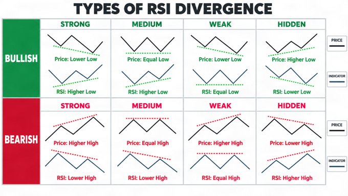 jPDeCoite's tweet photo. The 8 Types of RSI Divergence: BULLS' SIGNALS Strong Bullish Divergence:Price makes a lower low, but the RSI indicator makes a higher low.  Medium Bullish Divergence:Price makes an equal low, but the RSI indicator makes a higher low. https://t.co/1hLvvyzIiy
