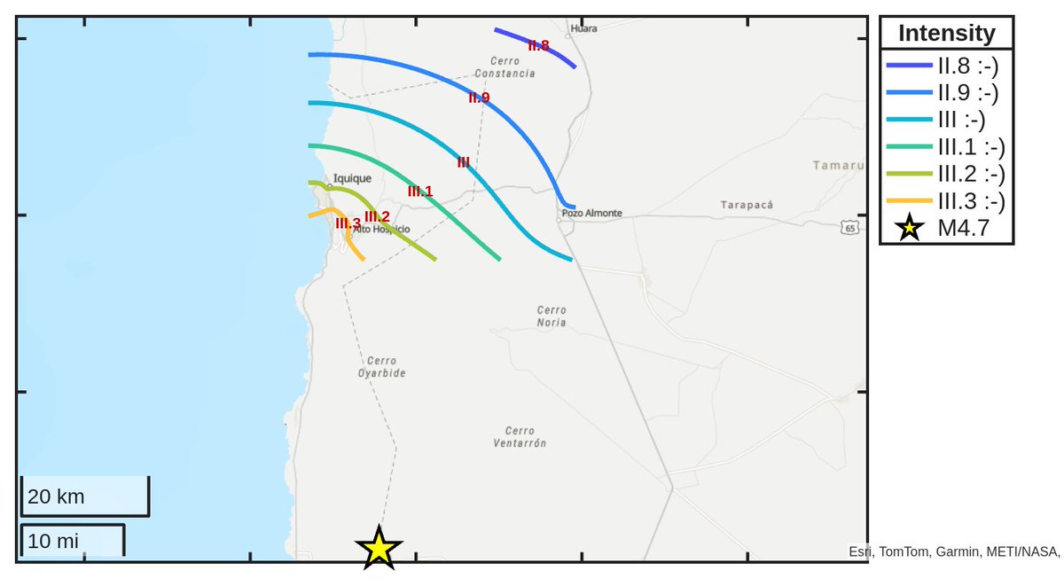 SismoDetector's tweet photo. Mapa de intensidad del #sismo M4.7 ocurrido a las 12:55:24 (UTC) con epicentro a 48 km de #Lagunas, Chile. Descarga la app Sismo Detector desde https://t.co/jS9crK4Riw para recibir alertas en tiempo real en tu smartphone https://t.co/UcohSX8P1N