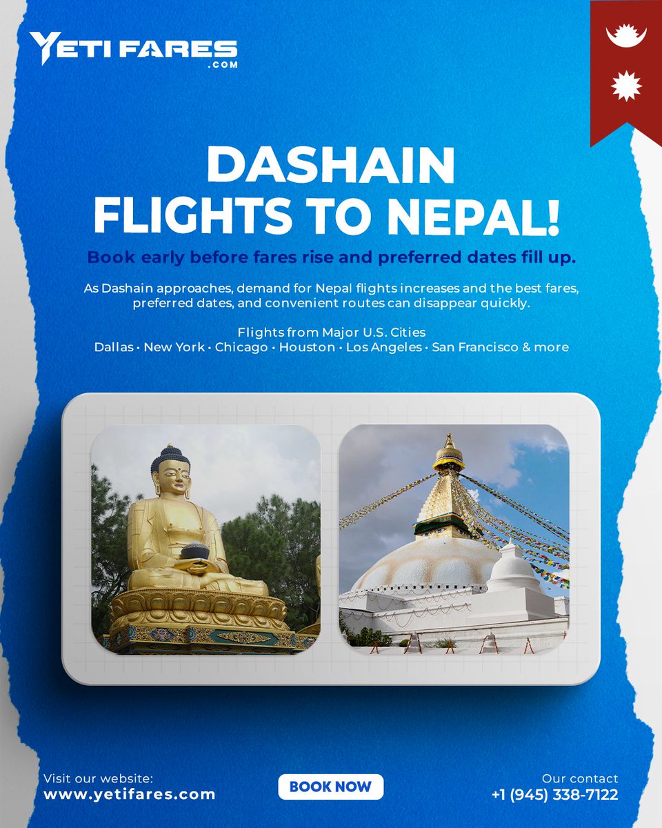 YetiFares's tweet photo. 🇳🇵 Dashain is getting closer!

Flying to Nepal? ✈️ Book early for better fare options and preferred travel dates.

दशैंमा नेपाल जाने तयारी आजैबाट। ❤️

🌐 https://t.co/QI0OgKejwm

#Dashain2026 #FlightsToNepal #YetiFares https://t.co/3dobIH1d09
