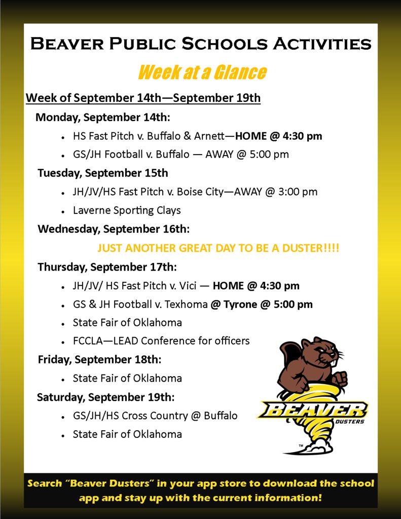 beaver_dusters's tweet photo. Here is the Week at a Glance for September 14th - September 19th! It's always a GREAT week to be a Duster! https://t.co/u2ZoT0eHLY