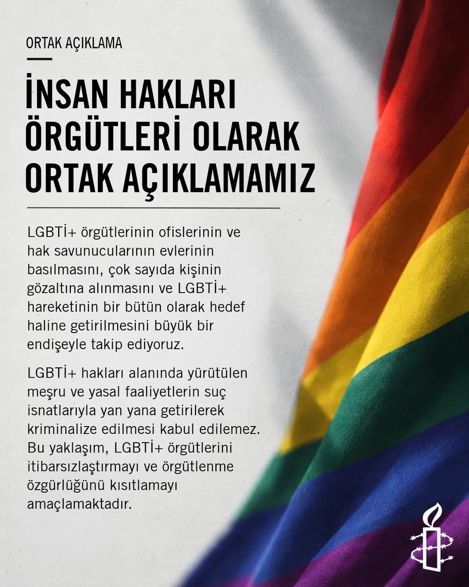aforgutu's tweet photo. İnsan haklarını ve LGBTİ+ haklarını savunmak suç değildir. Birlikte hak mücadelesi yürüttüğümüz arkadaşlarımız derhal ve koşulsuz olarak serbest bırakılmalı; LGBTİ+’ların örgütlenme özgürlüklerini ve hak savunuculuğu faaliyetlerini engellemeye yönelik tüm baskı, hedef gösterme ve müdahalelere son verilmelidir.

Ortak açıklamanın tamamı 👉 https://t.co/Rm0Ws9VrEg
