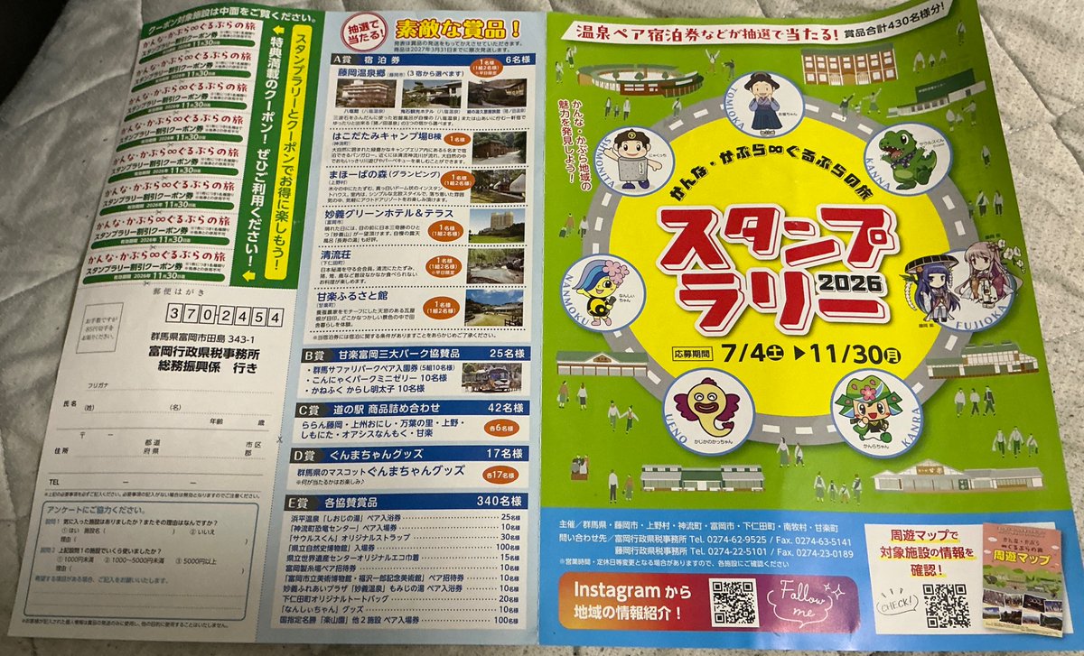 1997Makki's tweet photo. かんな•かぶら♾️ぐるぶらの旅スタンプラリー、用紙を見返したところ、施設ごとにラリー印のデザインが異なっているようです。例えば、3枚目が上州おにしの道の駅スタンプ、4枚目が道の駅ららん藤岡のスタンプですが、藤岡町のキャラクターの女の子のデザインが異なっています。 https://t.co/e15oH6QAaE