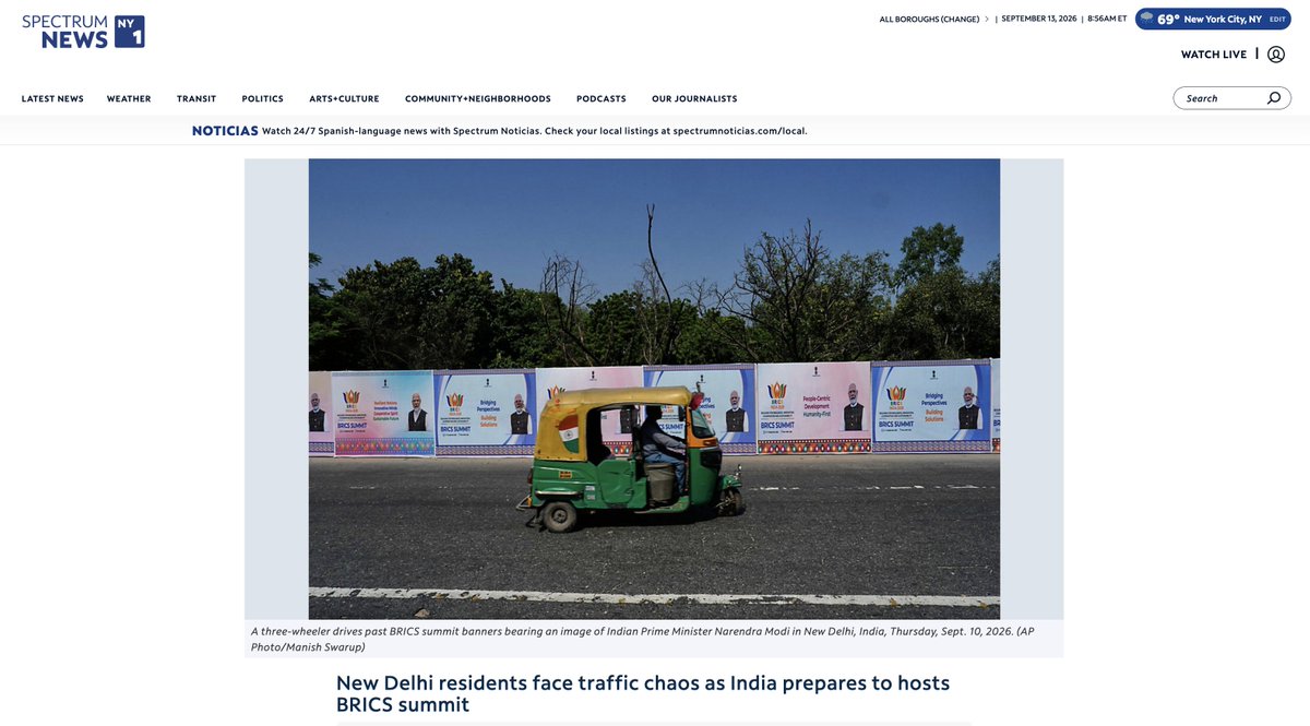 aravind's tweet photo. In the US, this silly local NYC news media is reporting about India's "New Delhi residents facing traffic chaos due to BRICS", showing one tuktuk on an empty road with BRICS banners behind.

While in NYC, three people were shot, one person was slashed and six people were stabbed on a single day. Not to mention a rape in Staten Island, many burglaries across the city, and one standoff on Brooklyn Bridge where cops shot dead the guy.

This is how negative propaganda against India is spread globally to every local neighborhood. The guy sitting in a Deli in Manhattan reading morning news will know "Indians are suffering in traffic due to BRICS in Modi's India" but won't hear much of a murder two blocks down the street.