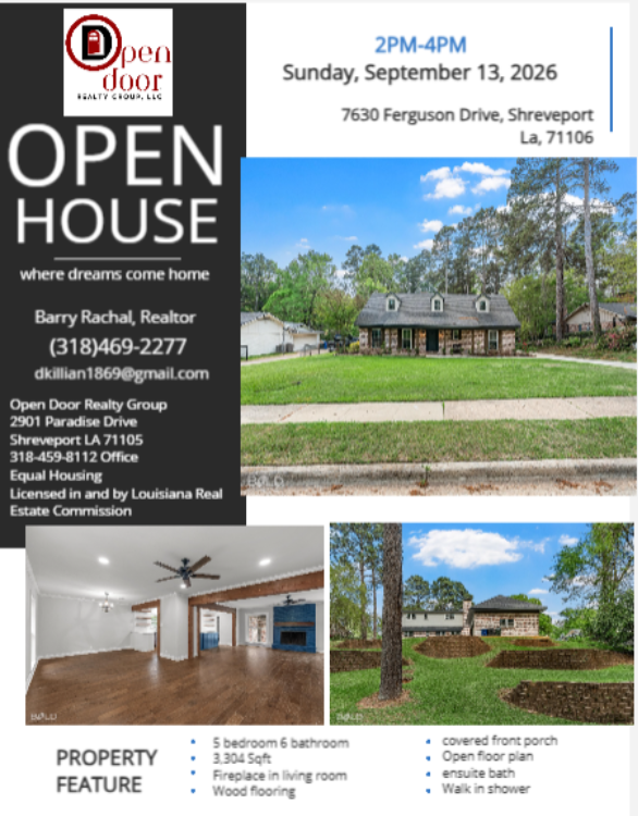OfficeOpenDoor's tweet photo. 🏡 Open House at 7630 Ferguson Drive, Shreveport LA 71106!

Join us September 13, 2026 from 2–4 PM to tour this beautiful home and imagine your next chapter here ✨ https://t.co/mOWSOEfCvc