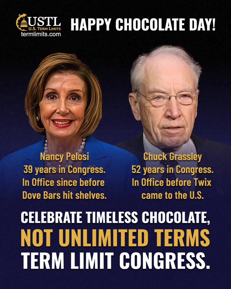 This image promotes term limits in Congress, featuring two people side by side with annotations. On the left, under "Nancy Pelosi," text states "39 years in Congress. In Office since before Dove Bars hit shelves." On the right, under "Chuck Grassley," text states "52 years in Congress. In Office before Twix came to the U.S." At the top, it says "Happy Chocolate Day!" At the bottom, it reads "Celebrate timeless chocolate, not unlimited terms. Term limit Congress." The U.S. Term Limits logo is present.
