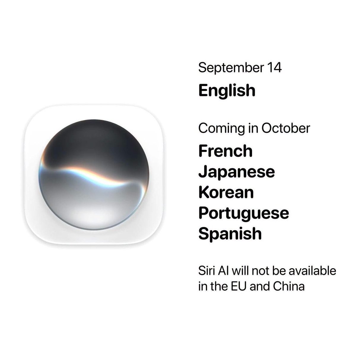 smartechdaily's tweet photo. 🚨 Apple تطلق Siri AI رسميًا كنسخة تجريبية مع iOS 27 غدًا!

🤖 ستتوفر Siri AI ابتداءً من 14 سبتمبر للأجهزة المدعومة باللغة الإنجليزية.

🌍 دعم الفرنسية واليابانية والكورية والبرتغالية والإسبانية سيصل في أكتوبر.

⚠️ الميزة لن تتوفر حاليًا في الاتحاد الأوروبي والصين.

#SiriAI #iOS27 #Apple #AppleIntelligence