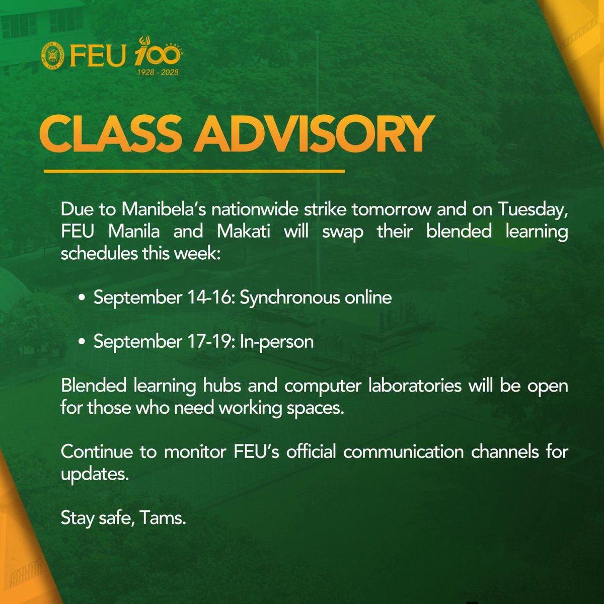 dzbb's tweet photo. #WalangPasok: Suspendido ang face-to-face classes sa mga campus ng FEU sa Makati City at Maynila bukas, September 14, 2026 hanggang September 16, 2026. https://t.co/XOxQMleWU0