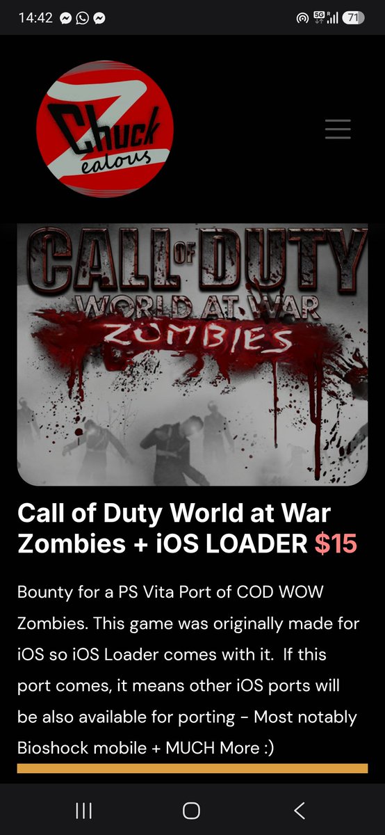 ChuckZealous's tweet photo. HUGE NEWS - Brand New Bounty for Call of Duty World at War Zombies is Here. This is HUGE because the game was originally released Only for iOS.

I have created this bounty myself because a bird was chirping in my ear that a Developer is working on porting this game to PS Vita https://t.co/DyfsVmAoBT