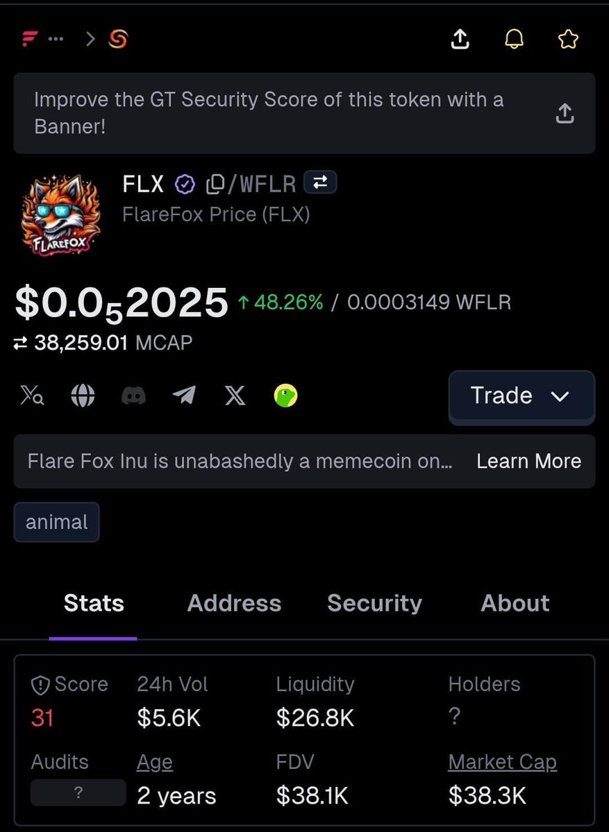Flarefoxinu0's tweet photo. 🦊🔥 FLAREFOX IS MOVING.

Almost +50% in 24H.
Over $5K in volume.
And the community is only getting louder.

The fox is back in motion. ⚡

$FLX | #FlareFox #FlareNetwork https://t.co/KXxoYSARCA