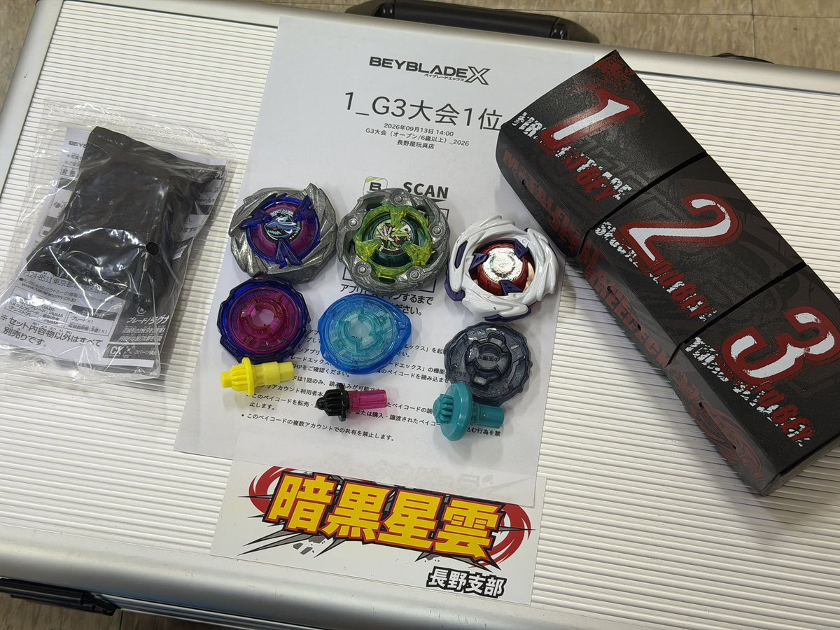 dame_beyblade's tweet photo. 長野屋玩具店さんG3オープンで優勝🥇

前回の黒田人形店G2での学びを活かしてデッキ構成を大きく変更したけど上手くハマってくれました✌️

強敵揃いのトーナメントで自分のベストを出し切れて、さらに結果もついてきてくれて大満足✨

初ラグナレイジ🙌

#BEYBLADEX
#ベイブレードＸ 
#暗黒星雲長野 https://t.co/DnOxdAB5kS