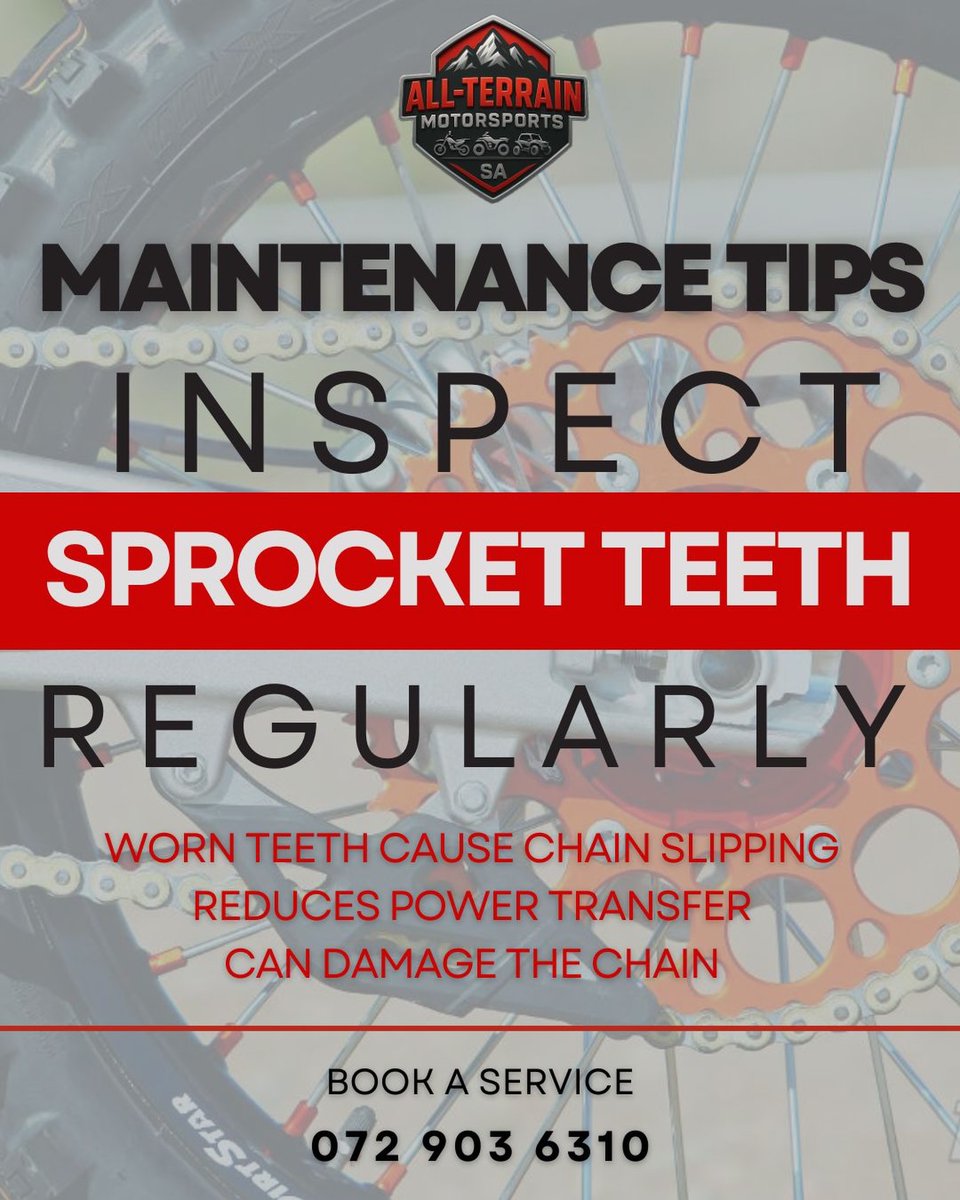 SheilahHesbj's tweet photo. Check your sprocket teeth regularly. Worn teeth can cause chain slip, reduce power transfer, and lead to costly damage. A quick inspection today helps keep your ride smooth, safe, and performing at its best. Book your service: 072 903 6310 https://t.co/95hOqYCEzt
