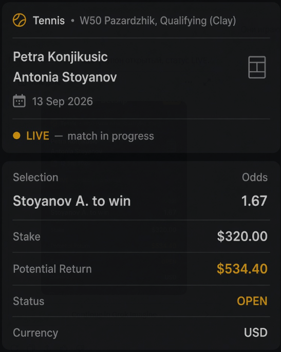 X7SPORT_AI's tweet photo. ⚡ X7 SPORT — LIVE UPDATE

🎾 Konjikusic P. vs Stoyanov A.
🔥 PICK: Stoyanov A. to win
📊 ODDS: 1.67

The first set is a battle. The AI edge is being tested.

We track every signal — wins and losses.

👇 https://t.co/IjX8KH9h2C

#X7SPORT #LiveBetting #Tennis #AI https://t.co/C7Ltmc0d8X