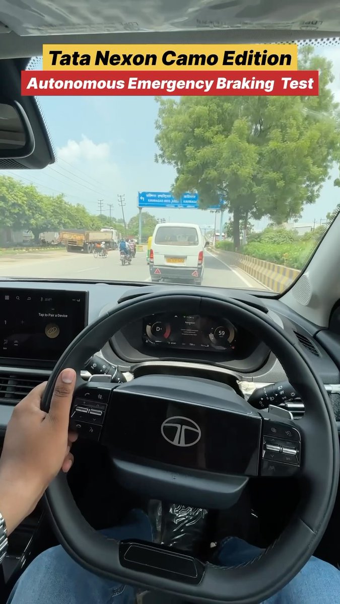AlleenMckaskle's tweet photo. Tata Nexon Camo Edition ka Autonomous Emergency Braking (AEB) System Alert test. Potential collision detect hote hi system driver ko alert karta hai aur zarurat par braking assistance deta hai. Safety tech ka real-world demo. https://t.co/ccLeB0paFz