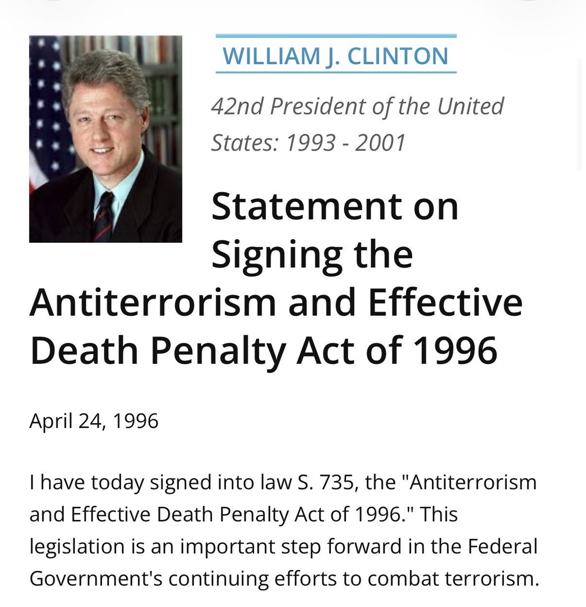 tysonmanker's tweet photo. Most Americans would be surprised to learn that Congress created a special court for deporting noncitizens involved in terrorism in 1996. 

President Bill Clinton, a Democrat, signed it into law. 

Yet the Alien Terrorist Removal Court went unused for thirty years—through Clinton, Bush, Obama, Trump’s first term, and Biden. 

Why the government waited nearly 25 years after the 9/11/2001 terrorist attacks to bring its first case is a question that needs answers.

https://t.co/XXHIB55PUm