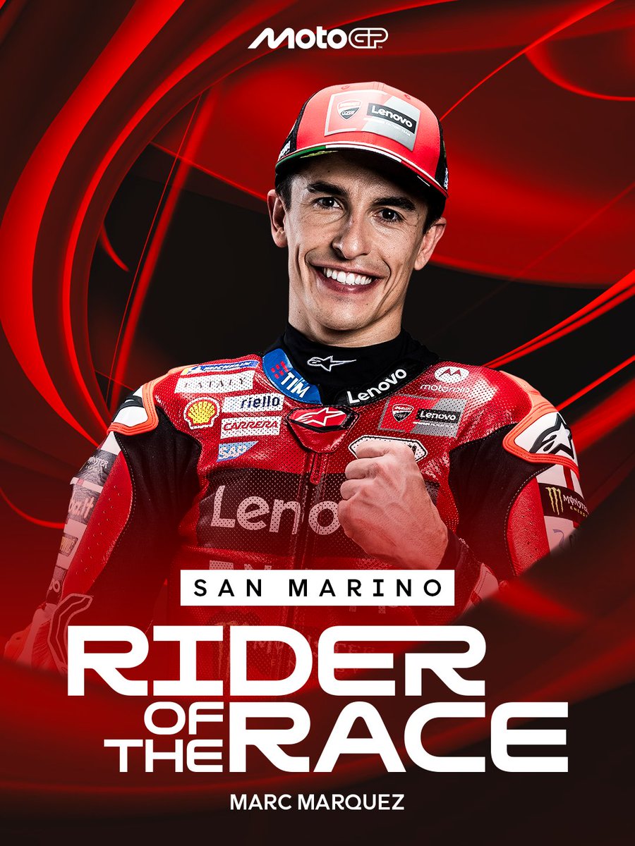 MotoGP's tweet photo. You’ve voted and here’s the result! 🗳️

@marcmarquez93 also wins the RIDER OF THE RACE! 😎 Check out the results here 👉 https://t.co/OIKGFNL9VM

#SanMarinoGP🇸🇲 https://t.co/OidKEgAZ2o