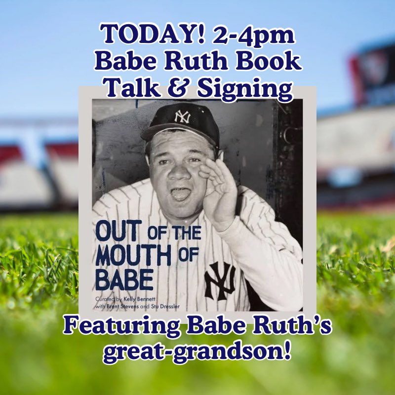 YogiBerraMuseum's tweet photo. Join us today from 2-4pm for a fantastic talk about the book Out of the Mouth of Babe. Brent Stevens, the great-grandson of the Great Bambino will chat with writer Marty Appel about the book and about Babe Ruth’s life and legacy. Don’t miss out! #Yankees https://t.co/xfFd47C4Xb