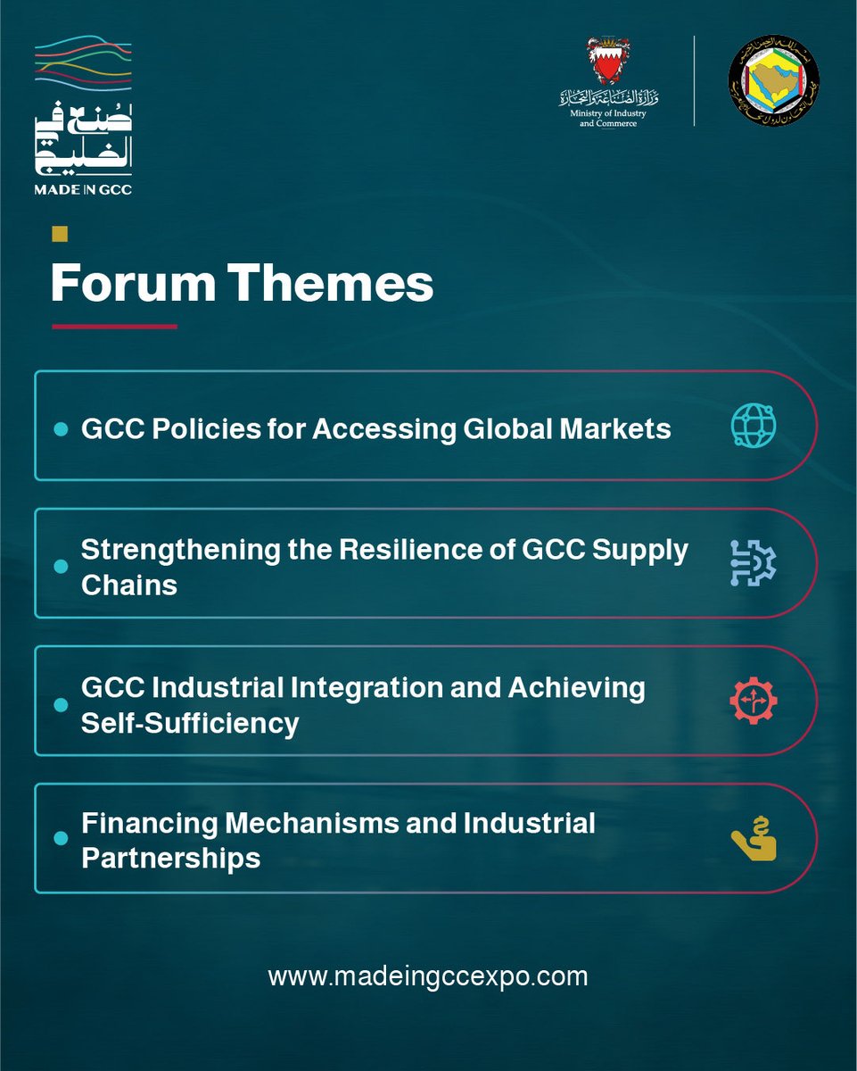 madeingcc's tweet photo. Discover the key themes that will be discussed at the «Made in GCC Forum &amp; Exhibition 2026» where industry leaders and experts come together to explore the future of manufacturing and industrial integration across the GCC.

6–8 October 2026 | Exhibition World Bahrain. https://t.co/BxxSRVkIDH