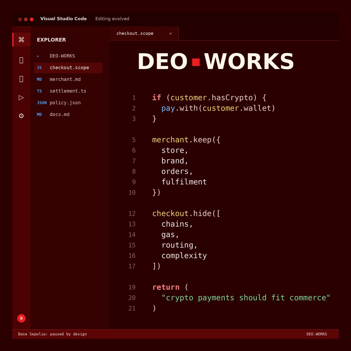 deo_works's tweet photo. if (customer.hasCrypto) {
  pay.with(customer.wallet)
}

merchant.keep({
  store,
  brand,
  orders,
  fulfilment
})

checkout.hide([
  chains,
  gas,
  routing,
  complexity
])

return "stablecoin checkout, without the crypto homework" https://t.co/Z1RUBh6tUK