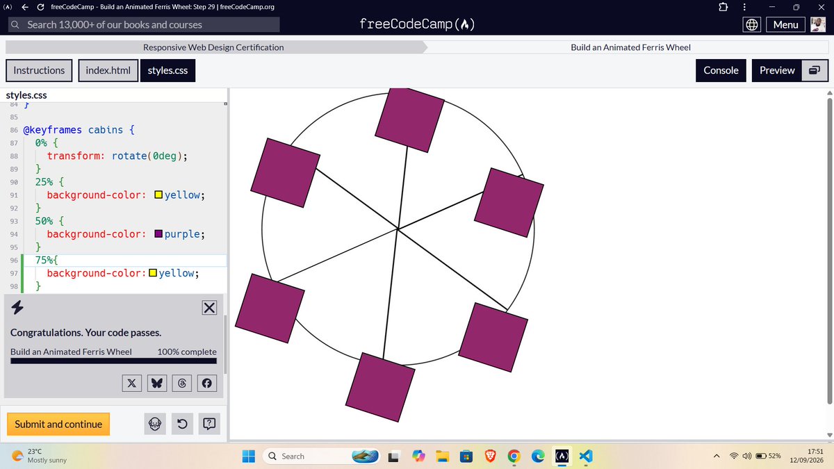 Trust_worthy_'s tweet photo. Today's animation challenge is officially live on Vercel! 🖥️🚀 Just hit 100% on @freeCodeCamp's Ferris Wheel project.🌐 Live Link: https://t.co/eXPsQ4Zga8 #freeCodeCamp #100DaysOfCode #WebDesign #HTML #CSS #Vercel #BuildInPublic #CSSAnimation https://t.co/vXx1sbMkEK