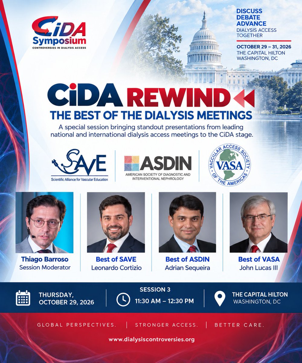 Dialysis_Access's tweet photo. Missed it the first time? Catch it at CiDA. 🔄
https://t.co/dwOxdQGZAh
CiDA Rewind brings standout presentations from SAVE, ASDIN &amp; VASA together on the CiDA stage.
📅 Oct 29 | Session 3
⏰ 11:30 AM–12:30 PM
📍 Washington, DC
#CiDA2026 #ASDIN #VASA #VascularAccess #DialysisAccess https://t.co/aSgvDOKjTl