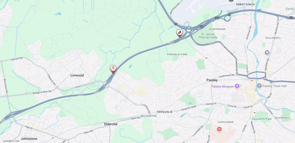 trafficscotland's tweet photo. @SWTrunkRoads ❗️CLEAR ⏲️14:25
🛣️#A737 S/B Linwood
✅Delays on the A737 southbound towards Linwood have fallen below 10 minutes.
⌚️One lane remains closed due to a road traffic incident, with queues gradually easing in the area.
🏷️OC: @SWTrunkRoads
🔗Check routes: https://t.co/guU3RElWie https://t.co/DPqi6gQUm5