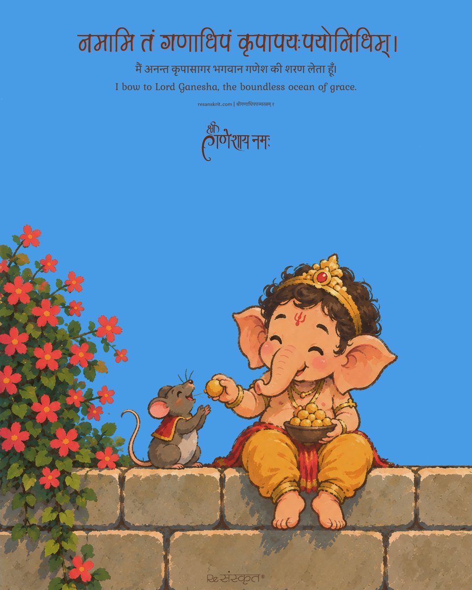 ReSanskrit's tweet photo. गणेशचतुर्थ्याः हार्दिकशुभाशयाः। 🙏

May Lord Ganesha, the boundless ocean of grace, bless us with wisdom, strength, and auspiciousness, and guide us through every obstacle.

#GaneshChaturthi #GanpatiBappaMorya #Ganesha #Sanskrit #IndianTraditions #SanatanaDharma https://t.co/Df2aGdS5Hg