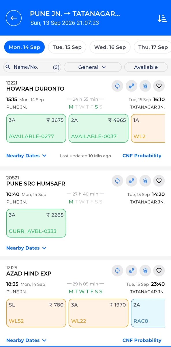 RailTatanagar's tweet photo. 🚨Are passengers losing faith in Duronto & Humsafar? The booking numbers say YES.

📉 12221 Pune–Howrah Duronto
* 3A: 277 seats vacant
* 2A: 37 seats vacant
* 1A: WL 2
* Avg delay (7 days): 5h 35m
* Estimated loss: ₹12.02 lakh

📉 20821 Pune–Santragachi Humsafar
* 3A: 333 seats vacant
* Avg delay (7 days): 26h 58m
* Estimated loss: ₹7.61 lakh

💥 Nearly ₹20 lakh in revenue loss — and hundreds of seats going empty.

This what happens when Premium High-Priority trains routinely run late!

The Nagpur–Bilaspur–Jharsuguda–Rourkela–Tatanagar–Kharagpur corridor of #Mumbai - #Howrah Main Line desperately needs attention.

@RailMinIndia — when will punctuality become a priority?
@AshwiniVaishnaw Ji, FYI.!

These three Zones are the Culprits:
@Central_Railway @secrail @serailwaykol 

These divisions are the worst in controlling east bound trains:
@kgprail @CKP_Division @DRMBilaspur @drm_raipur @drmngpsecr @drmcrngp @BhusavalDivn @drmmumbaicr 

#LateZoneCR #LateZoneSECR #LateZoneSER #LateDivisionBSP #LateDivisionCKP #LateDivisionKGP