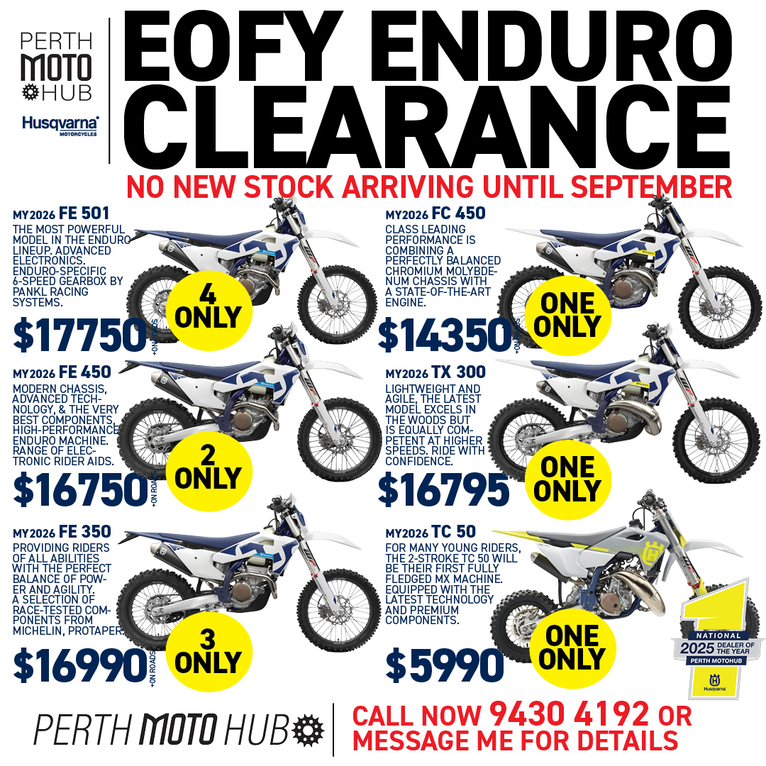 MaximoFrannzm's tweet photo. EOFY Husqvarna Enduro Clearance. Save on in-stock models. No new stock arriving until September. Call or message for details: 08 9430 4192. 33 Rockingham Road, Hamilton Hill. https://t.co/gsXkKoj3l4