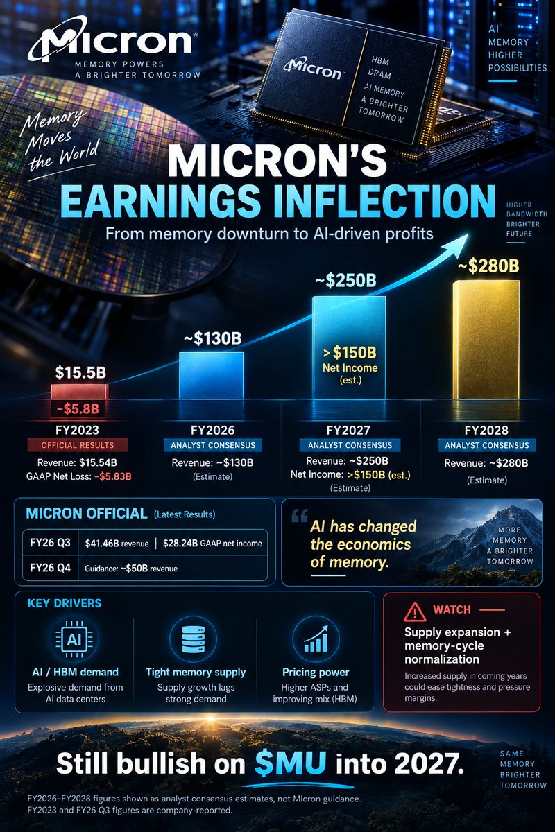 ItsBenVale's tweet photo. One of the biggest earnings inflections in the market: $MU

FY2023:
Revenue: $15.5B
GAAP net loss: -$5.8B
Current analyst consensus:
FY2026 revenue: ~$130B
FY2027 revenue: ~$250B
FY2028 revenue: ~$280B
FY2027 net income estimates are already above $150B.

AI didn’t just improve Micron’s cycle.
 It changed the economics of memory.
The real question now:
How long can tight supply and pricing power last?
Still bullish on $MU into 2027.

FY2026–FY2028 figures are analyst consensus estimates, not Micron guidance.