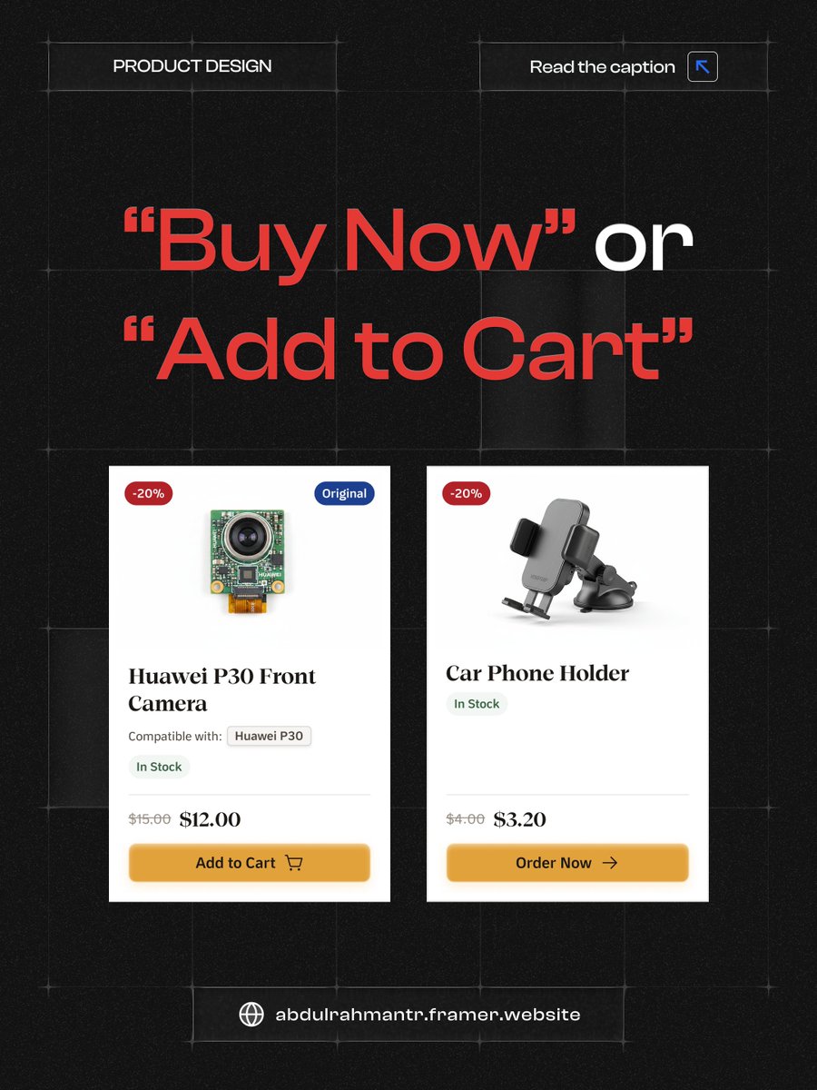Abdoubrh22's tweet photo. "Order Now" or "Add to Cart": when do we use which on a product page/card?

Obviously, we use "Order Now" to cut steps and get users to checkout faster.

But do fewer steps always mean a better experience?

Say you run a store selling phone parts and accessories: (thread👇) https://t.co/83hk8uK3WU