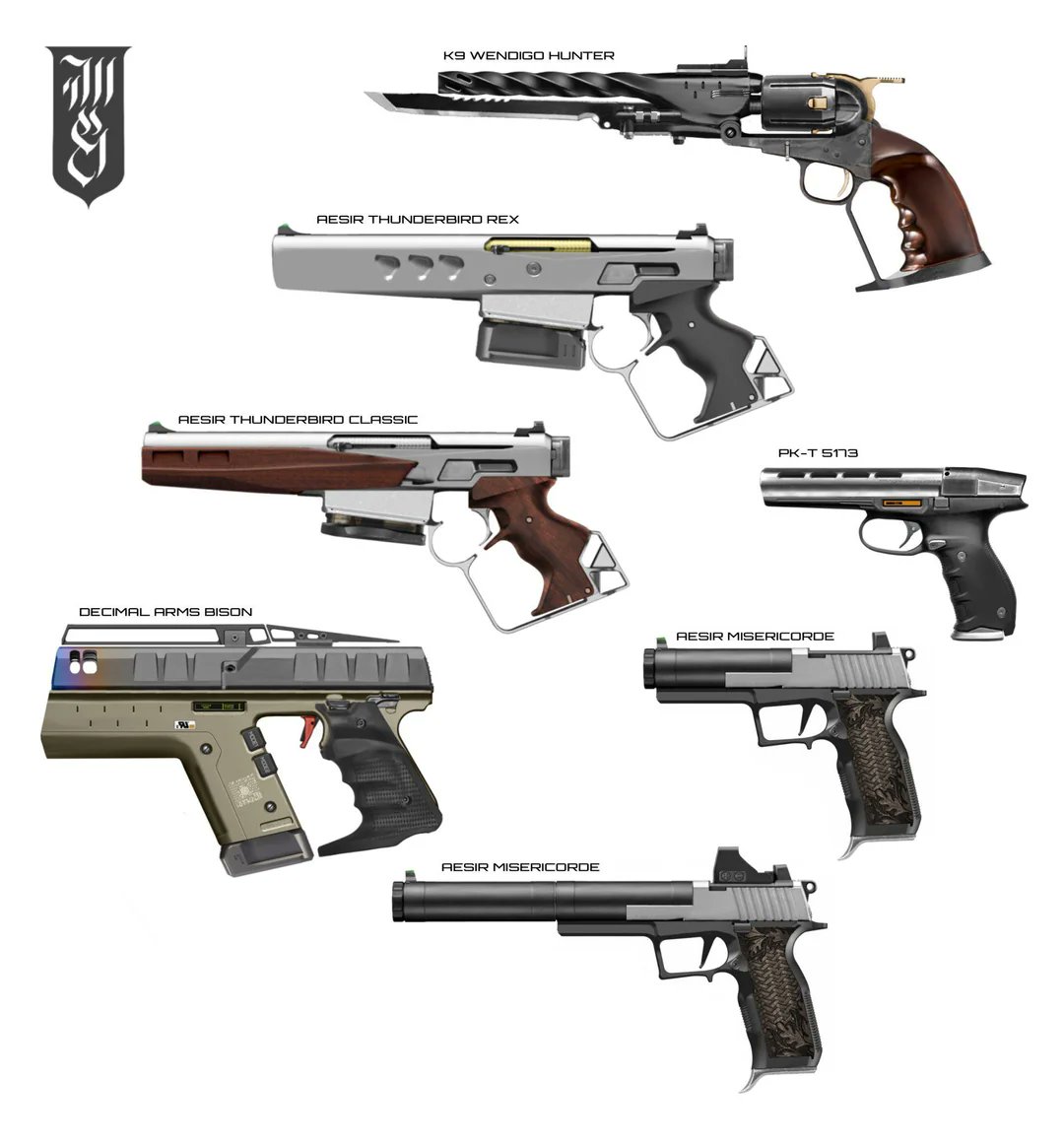 SciFiArchives's tweet photo. Weapon concepts by Maester Gekko, blending classic firearm silhouettes with futuristic sci-fi design. https://t.co/78TC7xOsI5