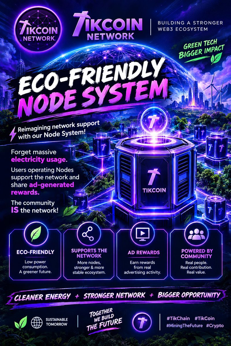 thecrypt017's tweet photo. 𝙀𝙘𝙤-𝙁𝙧𝙞𝙚𝙣𝙙𝙡𝙮 𝙉𝙤𝙙𝙚 𝙎𝙮𝙨𝙩𝙚𝙢

​Reimagining network support with our Node System. 

​Forget massive electricity usage. Users operating Nodes support the network and share ad-generated rewards. The community IS the network!
​#TikChain #TikCoin #MiningTheFuture https://t.co/WXrvz6KH5L