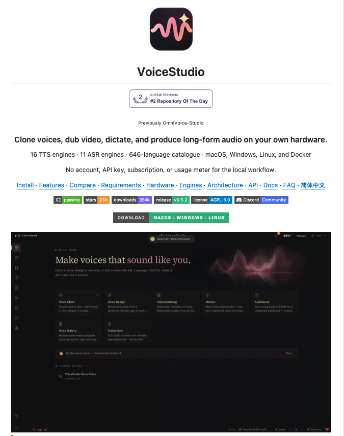 Sumanth_077's tweet photo. Run a complete AI voice studio locally!

VoiceStudio is an open-source platform for voice cloning, voice design, video dubbing, transcription, and long-form audio generation directly on your own hardware.

Instead of building separate pipelines for TTS, speech recognition, voice cloning, and dubbing, it brings them into one interface with 16 TTS engines and 11 ASR engines underneath.

You can clone a voice from an audio sample, design a new voice from a text description, dub videos into other languages, transcribe audio, generate audiobooks, or switch between speech engines depending on the task.

Your recordings, transcripts, saved voices, projects, and generated outputs can stay on your machine, with support for CUDA, Apple Silicon, ROCm, and CPU execution.

It also goes beyond the UI.

VoiceStudio exposes REST, WebSocket, and OpenAI-compatible audio APIs, along with MCP and agent integrations, so the same voice stack can be used inside other applications and agent workflows.

Key capabilities:

• Voice cloning and text-based voice design
• Multilingual video dubbing and transcription
• 16 TTS and 11 ASR engines
• 646-language catalogue across supported engines
• Local inference across GPU and CPU setups
• API, MCP, and agent integrations

100% open source.

I've shared the GitHub repo in the comments!
