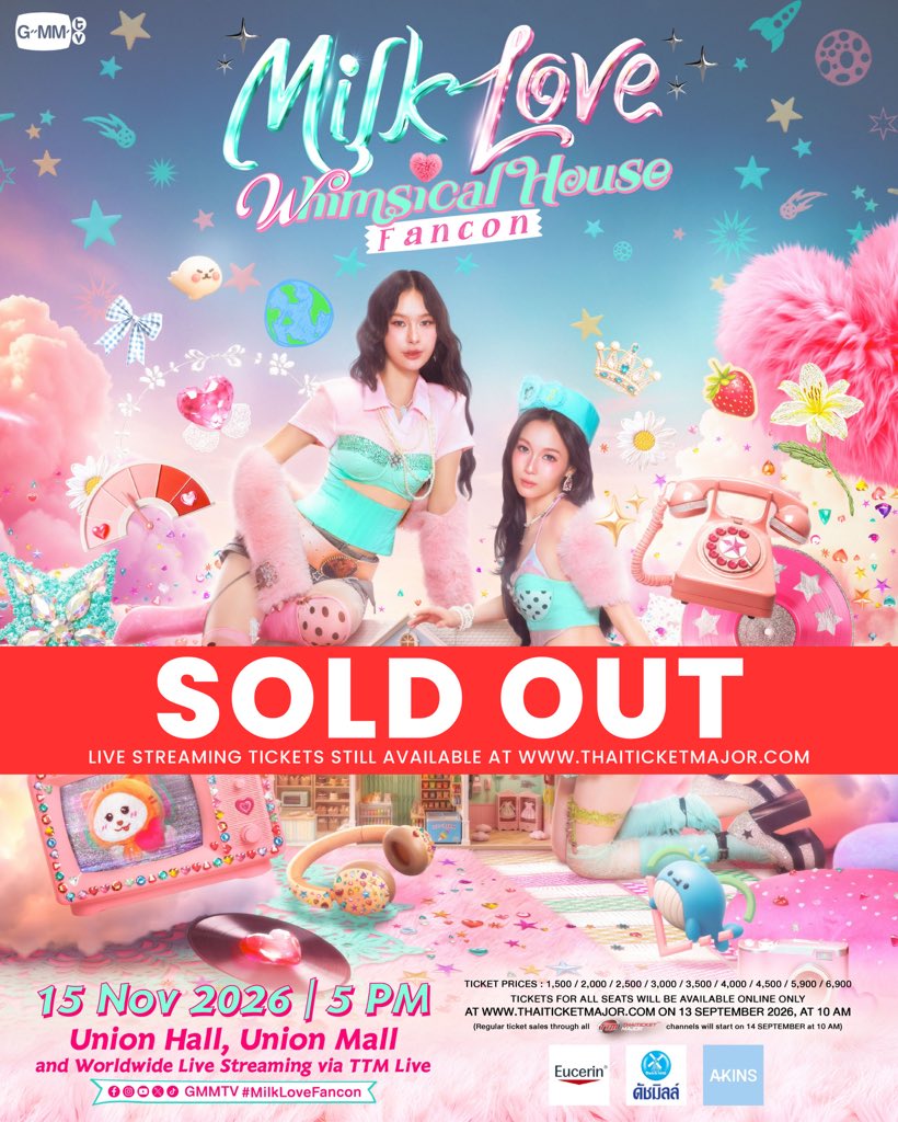 MilkLoveHomeTH's tweet photo. TICKETS SOLD OUT! 
'MILK LOVE WHIMSICAL HOUSE FANCON' 🚪✨
#MilkLoveFancon

ขอบคุณทุกการตอบรับที่มีให้กับ 'MILK LOVE WHIMSICAL HOUSE FANCON' จนทำให้บัตร SOLD OUT!

สำหรับบัตรแบบ Live Streaming สามารถซื้อได้ตั้งแต่วันนี้จนถึงวันแสดง
Buy Live Streaming Tickets 👉 https://t.co/O74VFG8AKG 

SEE YOU ON SAT, 15 NOVEMBER 2026 | Union Hall, Union Mall

��งได้เลยน๊าาาา @gmmtv #GMMTV