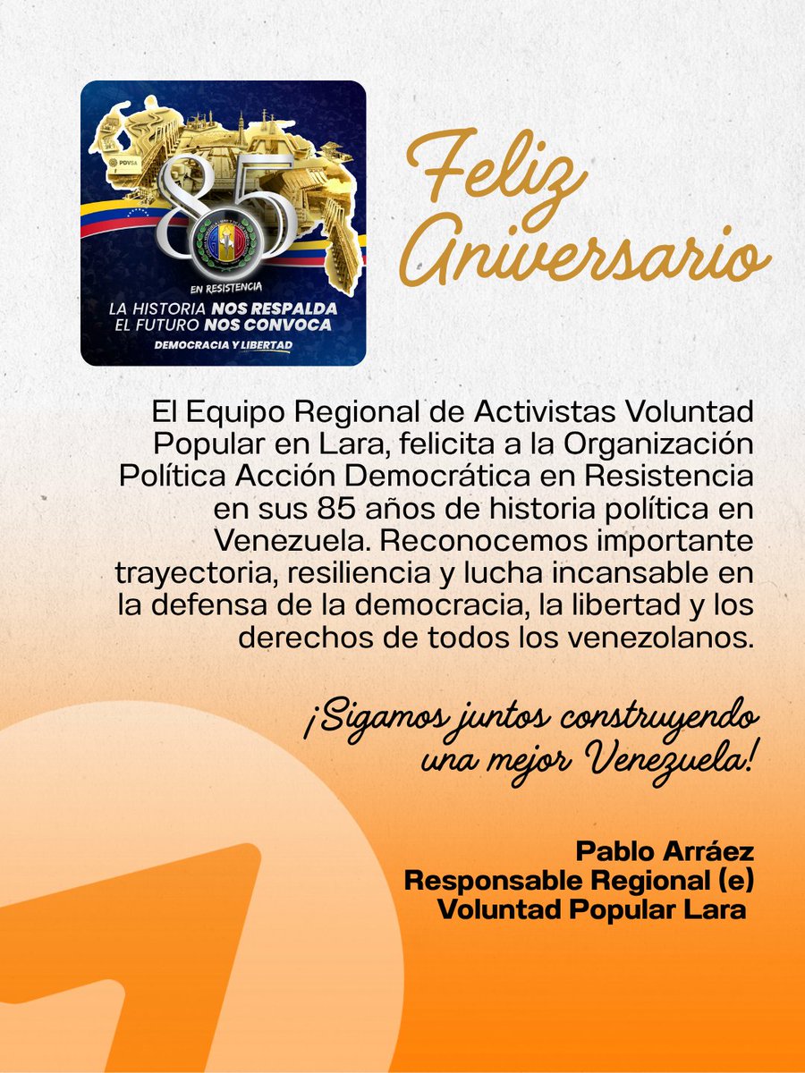 Vpalaraoficial_'s tweet photo. Desde Lara felicitamos a @ADemocratica en sus 85 años de historia política en Venezuela. Reconocemos su importancia trayectoria, resiliencia y lucha incansable en la defensa de la democracia, la libertad y los derechos de todos los venezolanos. https://t.co/CWbYuE8fu7