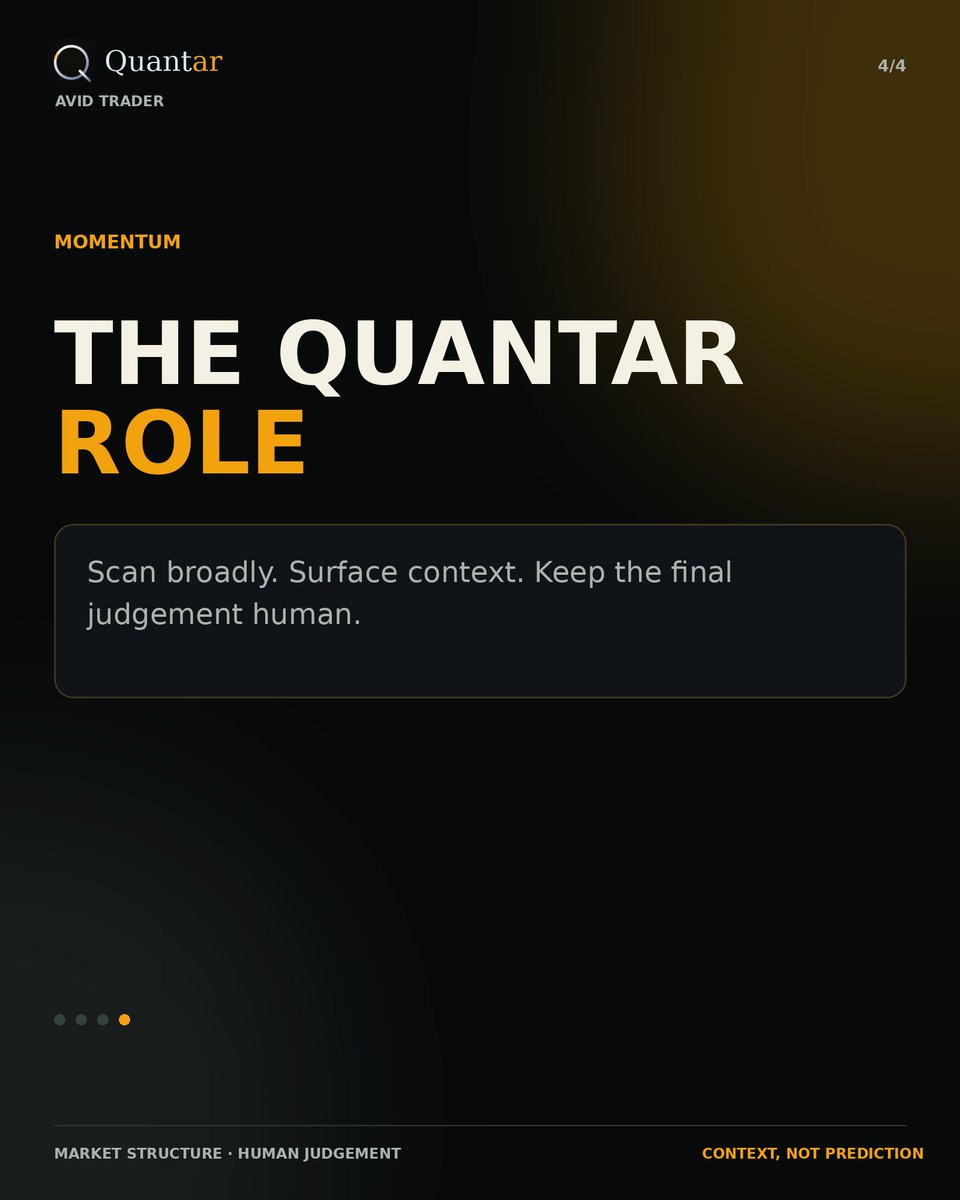 QuantarHQ's tweet photo. A side pursuit still deserves a serious process. Quantar maintains market awareness with consistent scanning and alerts while keeping uncertainty and the final decision human. What part of your trading routine creates the most friction? https://t.co/NK956Hzp4G