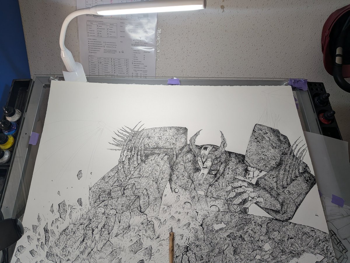 acharinArt's tweet photo. 💥 Unicron smashing Cybertron 

≈130 hours. Hot pressed Arches paper...Bigger than me.
Watercolour + indian inks, airbrush, colour pencils, posca, gouache...tears and lack of sleep.

Their AI could never. 🙂‍↕️🫶🏻 https://t.co/cJlPmDM8Zv