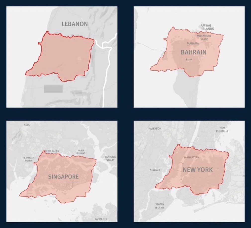 mhdksafa's tweet photo. Lebanon is no longer 10,452 km2.

Israel is now occupying and controlling almost 20% of Lebanon, an area twice larger than Bahrain, New York, or Singapore.

Israel currently occupies and controls 20% of Lebanon—the same proportion that Russia occupies and controls of Ukraine.

The World condemned Russia, but cannot condemn Israel! The issue was never occupation. It was the identity of the occupier.