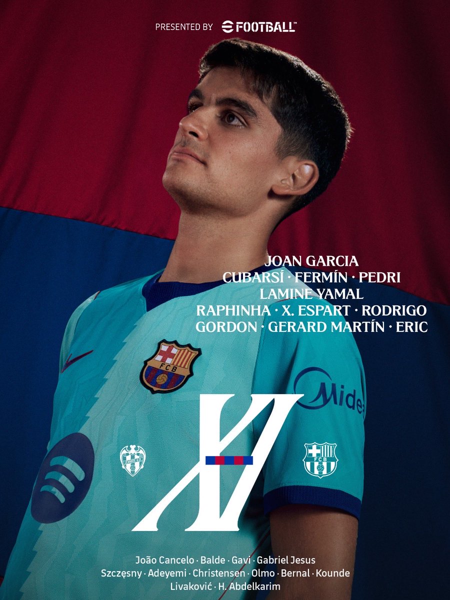 Tripl3tes's tweet photo. ✅ Alineación Oficial 

👐🏻 Joan García 

🧱 Eric, Cubarsi, Gerard Martin y Xavi Espart

🪄 Lamine, Rodri, Fermín, Pedri y Anthony 

⚽️ Raphinha https://t.co/PuxqMcDQi7