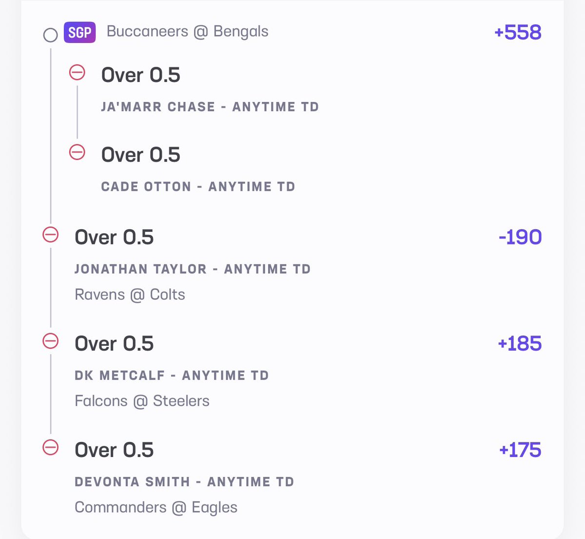 MidnightGreenrm's tweet photo. John’s Sunday touchdown parlay. +7777 https://t.co/jVV9b33lWD