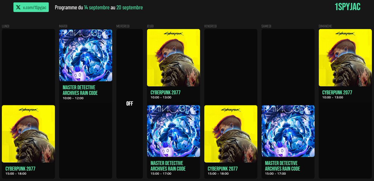 LeVretSpyjac's tweet photo. Programme de la semaine de stream du Lundi 14 Septembre au 20 Septembre https://t.co/6PWyZTof6b