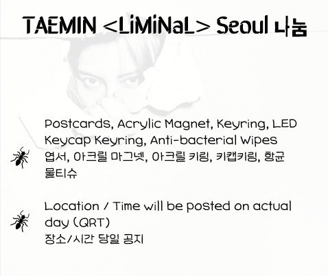 liney84's tweet photo. 🐜 TAEMIN <LiMiNaL> in Seoul Fan Support 나눔 🐜

📆 : 9.18 - 9.20; Jamsil Indoor Stadium

First come first serve basis.
선착순으로 드립니다.

#TAEMIN #태민 #LiMiNaL #2026_27_WORLD_TOUR_SEOUL https://t.co/zcPANWpTsS