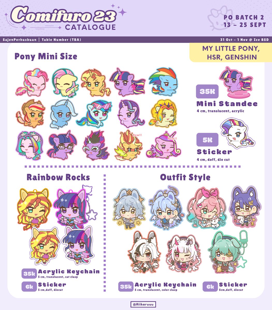 riikaruuu's tweet photo. [♡ &amp; ↻ are appreciated!] (1/2)

⊹ ࣪ ˖ CF23 PO batch-2 now open ୭ ᵎᵎ 🧁
————— ʚ ✦ ɞ —————
🗓 Until 25 Sept
📦 Pick up: 2 days / mail
🪻 MLP / Genshin / HSR / AOD
🔗 PO and samples below ⬇️
————— ʚ ✦ ɞ —————
#cf23catalogue #comifuro23 #comifuro23catalogue https://t.co/9gEQCeqxBa