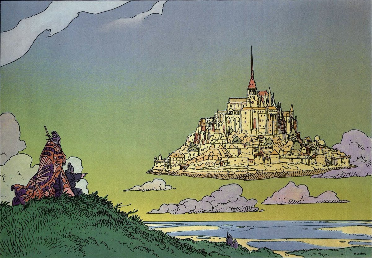 SciFiArchives's tweet photo. Art by Jean Giraud (Moebius). A gorgeous vision of a medieval world suspended somewhere between fantasy and science fiction. https://t.co/nk6iT1IitQ