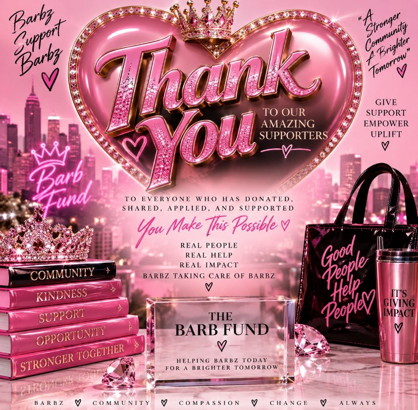 FeelTheBass86's tweet photo. I just want to say how beautiful life works. The day after we started the Barb Fund, @NICKIMINAJ herself attended a charity event. If that doesn’t show the mission, and that Barb telepathy is REAL, I don’t know what does

We’ve now reached $1,800 in donations and have already given over $500 back to Barbz in need, with additional applications currently pending

This is exactly what the Barb Fund is about: Barbz supporting Barbz and giving back to our community

If you’re a Barb in need, message us for a Guidelines Packet. If you’d like to help us continue the mission, you can donate through 𝕏 Money to @gagcityresident