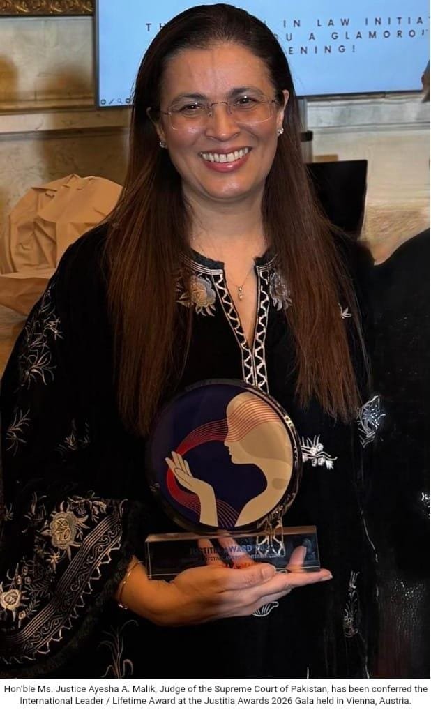 HasnaatMalik's tweet photo. Supreme Court Judge Justice Ayesha A. Malik has been conferred the International Leader / Lifetime Award at the Justitia Awards 2026 Gala held in Vienna, Austria. https://t.co/P8S0FFUFMw