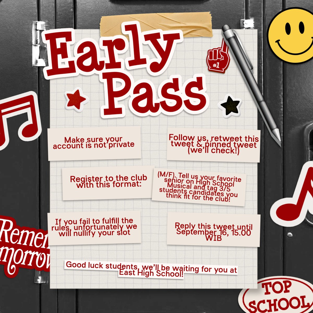 EastHighClub's tweet photo. ㅤ
Calling all students who want to discover more about themselves! We would like to give Early Pass for TWO STUDENTS to sit on the bench earlier.

Check the rules below to be part of our club!
ㅤ https://t.co/OYfOGMv8Gv