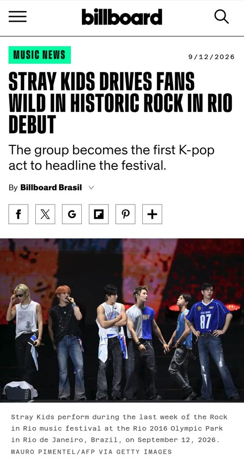 WORLDMUSICAWARD's tweet photo. Billboard lauds #StrayKids' historic lit debut at Rock in Rio as the 1st ever K-Pop Act to headline the event, highlighting their explosive show "driven by intense choreography, hits from different eras of their career, and constant interaction with a crowd that barely stopped screaming!!💪🥇🇰🇷🧑‍🎤🎤🎸🇧🇷🏟️🔥👏🇺🇸📰🐐👑❤️‍🔥

#���트레이키즈 #RockInRio2026

🔗: https://t.co/mJSgkoFt4L