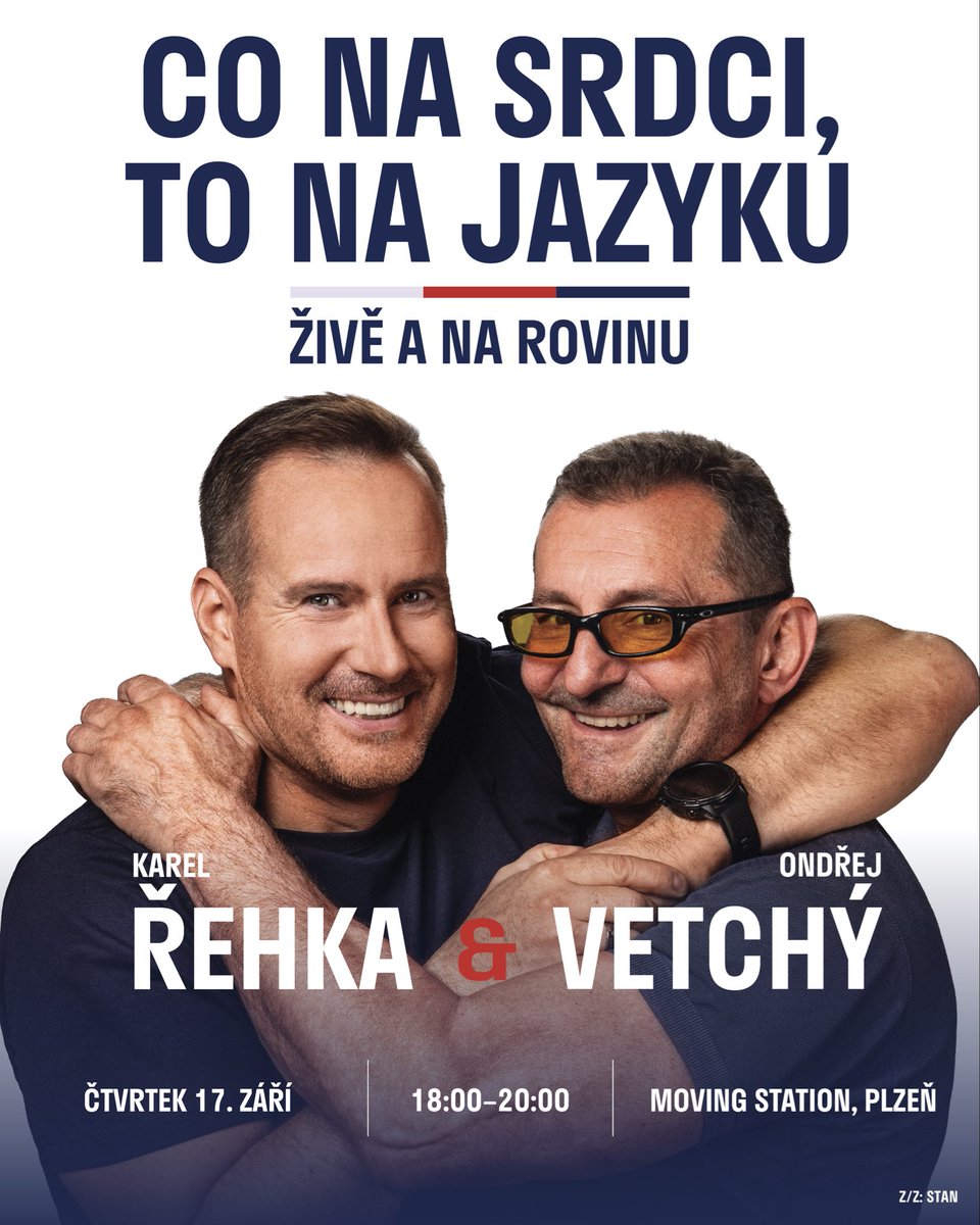 karel_rehka's tweet photo. CO NA SRDCI, TO NA JAZYKU: Ondřej Vetchý a Karel Řehka

Dva přátelé, kteří nepotřebují scénář k tomu, aby měli co říct. A tentokrát před publikem. 

O tom, čemu věří a co považují za důležité, nebo co je štve. O tom, co podle nich stojí za to bránit, co měnit a co má smysl říkat nahlas. O Plzni, Česku, odpovědnosti, svobodě i o tom, proč Karel vstupuje do politiky.

Nebude to večer s pevně nalinkovaným scénářem. Do rozhovoru se můžete zapojit i vy — otázkou, reakcí nebo vlastním názorem. Nemusíme se na všem shodnout. Důležité je, že spolu dokážeme mluvit otevřeně a s respektem.

📅 17. září | 18:00–20:00
📍 Moving Station, Plzeň

Těšíme se na vás. Živě a na rovinu.

#KarelRehkadoSenatu #ZaPlzenZaCesko